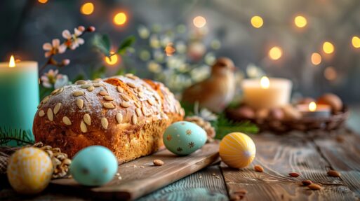 Easter bread, quail colourful eggs and candles on wooden table