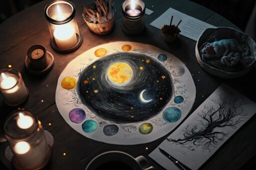 Above a table with a candle and watercolor paintings of the moon and the zodiac signs