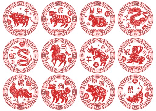 Round frames Chinese zodiac signs. Animals types of astrological calendar, Asian horoscope, traditional decor twelve animal red silhouettes with decor and ornaments different years. Vector emblems set
Восточные знаки зодиака их гороскоп на неделю