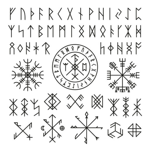 Futhark viking norse. Runic design icons, old mystery sign. Magic ancient symbols for game or tattoo. Nordic mythology, celtic tidy vector collection. Illustration of nordic amulet futhark
Руны