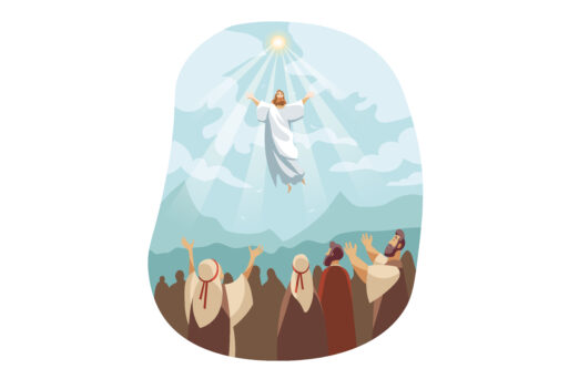 Ascension of Jesus Christ, Bible concept. Illustration of resurrection Jesus Christ. Sacrifice of Messiah for humanity redemption. Miraculous ascension of son of god in cartoon style. Vector flat
Вознесение Христово