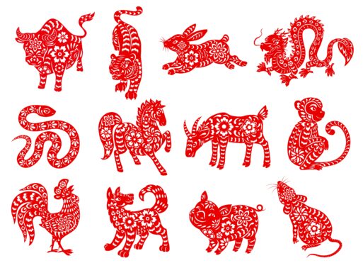 Chinese zodiac horoscope animals. Red papercut characters of lunar calendar twelve sequences vector symbols. Rat, ox, and tiger, rabbit, dragon and snake, horse, goat and monkey, rooster, dog and pig
Восточные знаки зодиака