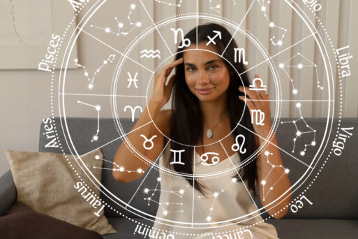 Portrait of young beautifull brunette woman with horoscope chart and astrology zodiac signs, relaxed female in morning before starting her new day. Future love predictions and numerology
женский гороскоп