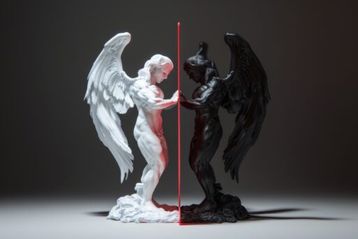 Two statues of a man and a demon, one white and one black, with red lighting. The white statue represents good, while the black statue represents evil
Ангел и дьявол