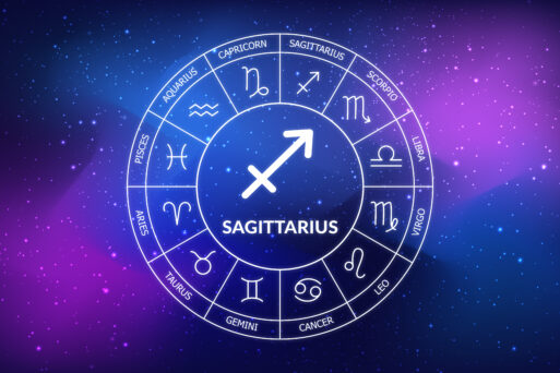 Sagittarius zodiac sign. Abstract night sky background. Sagittarius icon on blue space background. Zodiac circle on a dark blue background of the space. Astrology. Cosmogram
Стрелец знак Зодиака