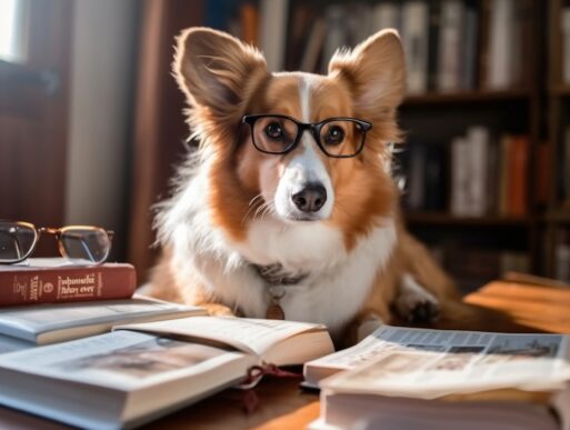 Intelligent Corgi Dog in Glasses is reading a Book. Book Lover Day. Generative Ai. High quality illustration
Умная собака