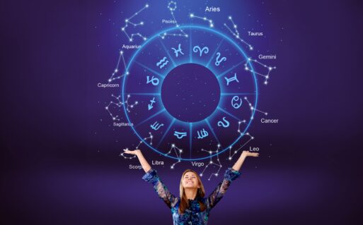 Woman raising hands looking at the night sky. Astrological wheel projection
Гороскоп здоровья на июль