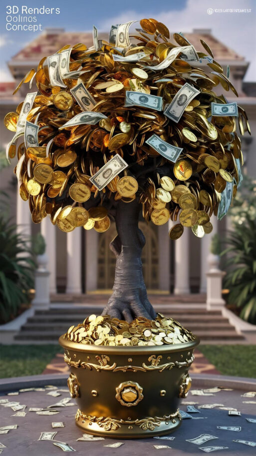 A striking 3D render concept of a tree with golden coins and paper bills instead of leaves. The tree has a sturdy trunk and branches laden with cash, creating a surreal and whimsical scene. In the foreground, the tree is potted in a luxurious container adorned with gold and jewels. The background shows a lavish mansion, hinting at the opulence of the scene. This image is a creative and imaginative representation of wealth and prosperity.
Богатство