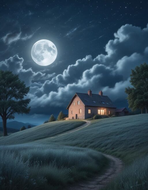 a blue moon partially obscured by fluffy gray clouds in a starry night sky, overlooking a serene countryside with gently sloping hills and a cozy brick farmhouse, reflecting a calm blue hue, split gradient colors background, scandinavian vibe, diffused pale light
голубая луна