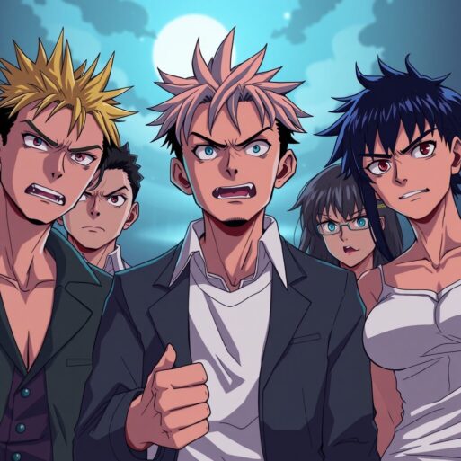 Эти 4 знака зодиака лучше не обижать. A group of animated characters standing together under a moonlit sky, dressed in formal attire, with a focus on camaraderie and determination.