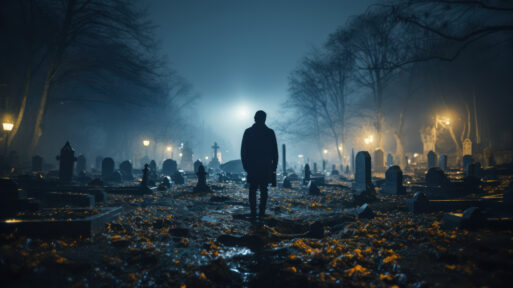 Человек стоит в ночном кладбище, освещенном тусклым светом фонарей, окруженный могилами и деревьями, олицетворяя сделку со смертью.