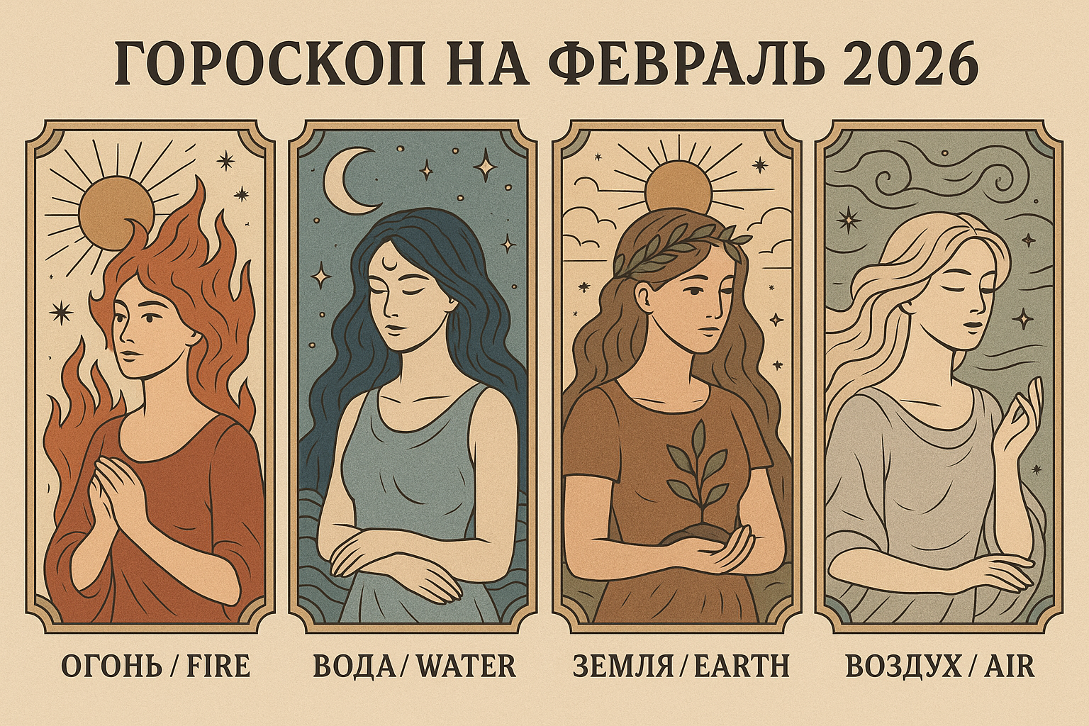 Гороскоп на февраль 2026 для четырёх стихий — Огня, Воды, Земли и Воздуха
