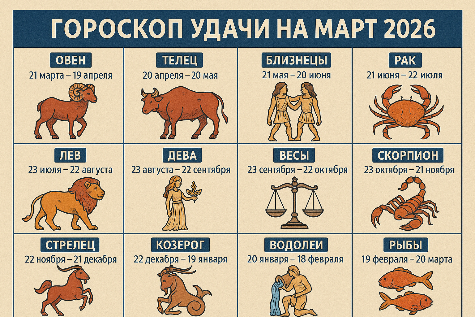 Гороскоп удачи на март 2026 для всех знаков зодиака
