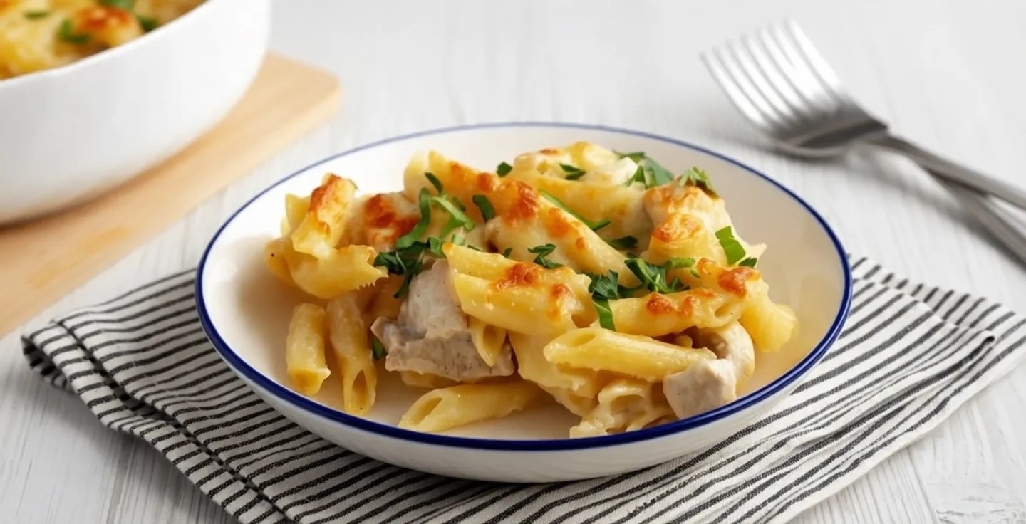Запечённая паста Альфредо с курицей и сырной корочкой