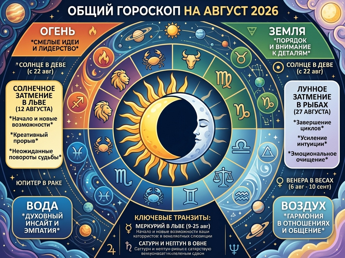 Общий гороскоп на август 2026 для всех знаков зодиака